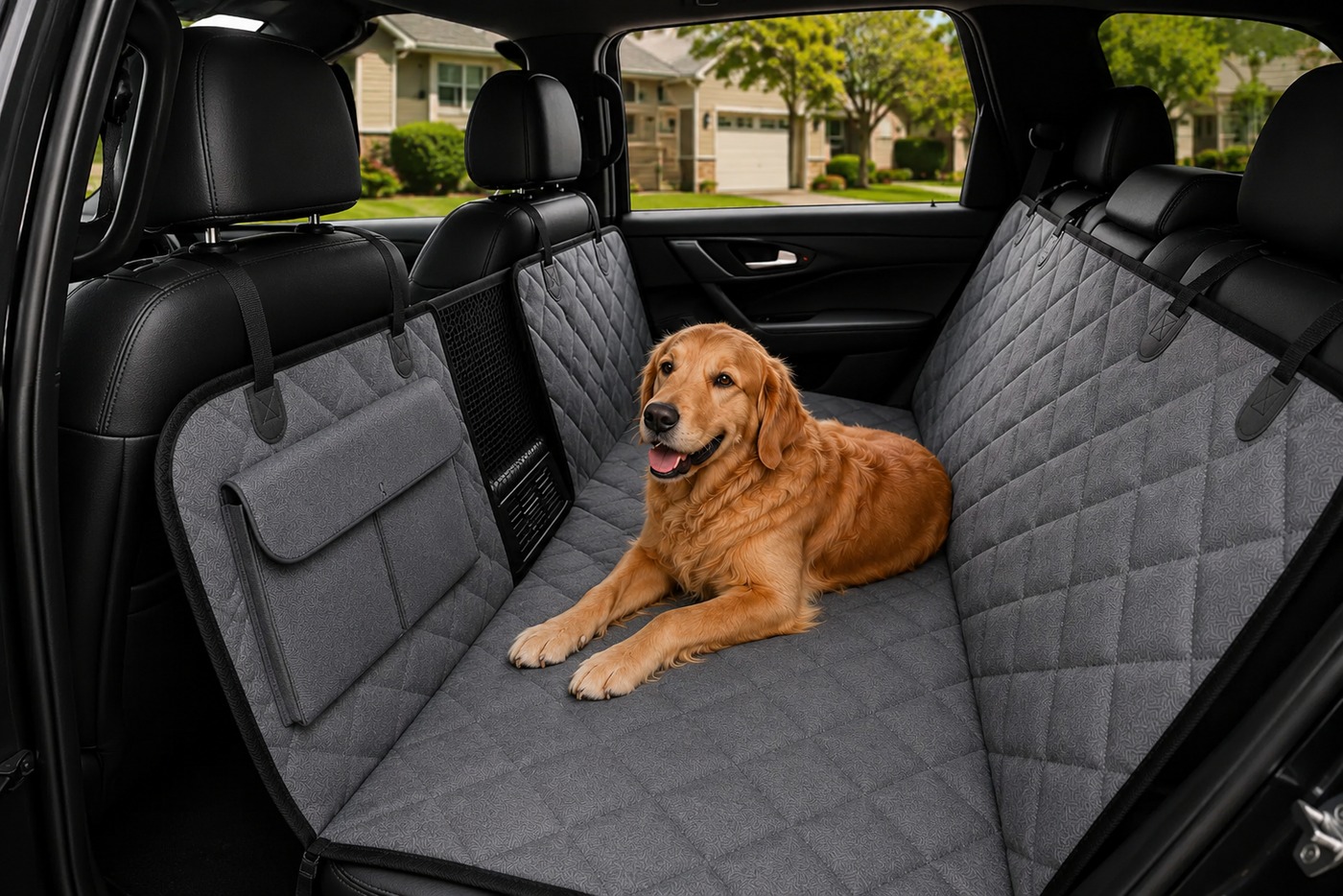 Dog sitting on the PawBridge backseat travel platform in an SUV